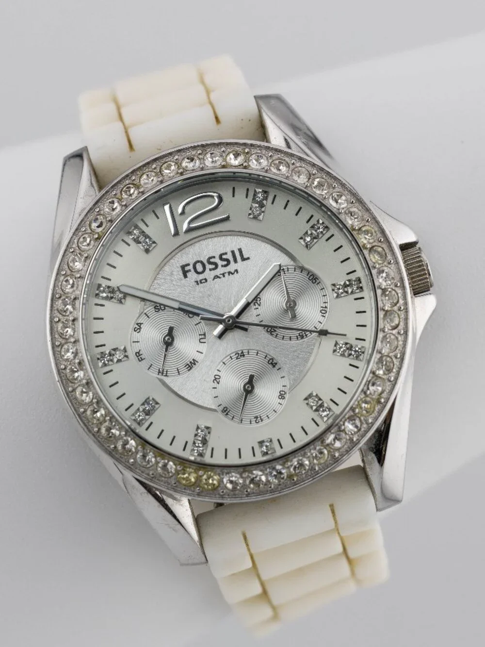 Fossil ES-2344 White Resin Crystal Bezel Quartz Analog Women's Watch New Battery